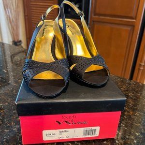 Touch of Nina Black Satin Rhinestone Sling Back Dressy Heels-Size 9 1/2